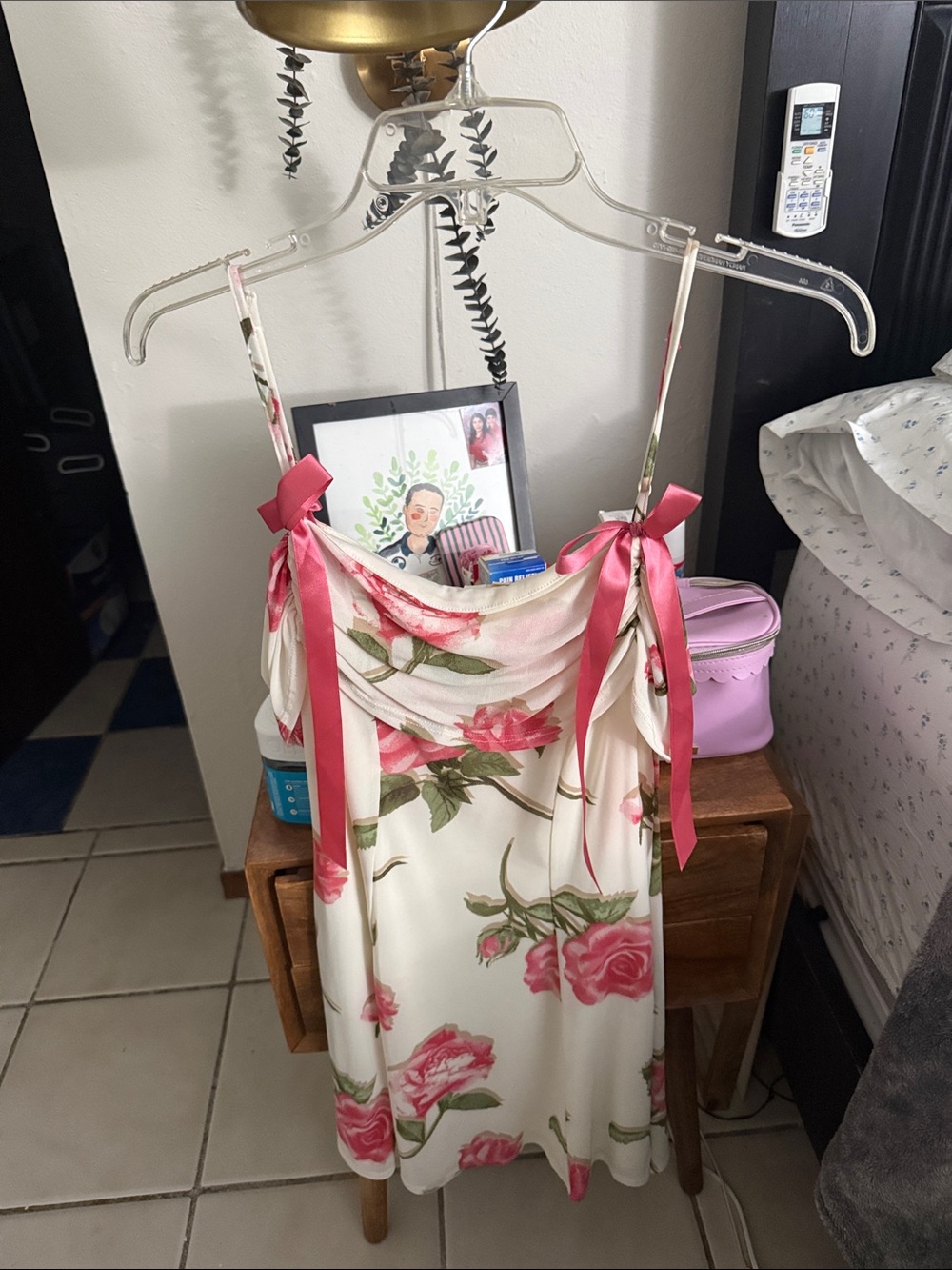 Floral Satin Slip Dress with Pink Rose Print